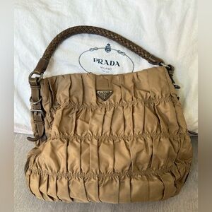 Prada Beige Tessuto Ruched Hobo Bag with Braided Handle